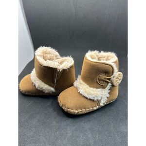 Toddler Baby Girls Boys Brown Suede Faux Fur‎ Lined Boots With Button Accent